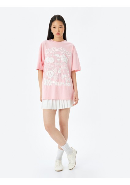 Slogan Baskılı Oversize Bisiklet Yaka Kısa Kollu Tişört