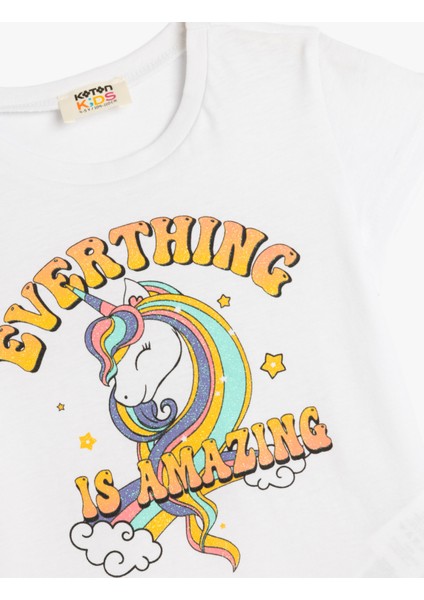 Unicorn Baskılı Püsküllü Tişört Kısa Kollu Pamuklu