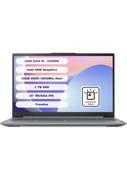 Ideapad Slim 3 16IAH8 83ES003QTR Intel Core I5 12450H 16GB 1tb SSD 16" Wuxga Freedos Gri Taşınabilir Bilgisayar