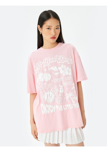 Slogan Baskılı Oversize Bisiklet Yaka Kısa Kollu Tişört modelleri