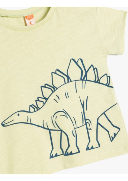 Dinozor Baskılı Kısa Kollu Bisiklet Yaka Pamuklu Tişört