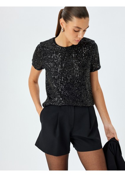 Pullu Payetli Kısa Kollu Abiye Bluz
