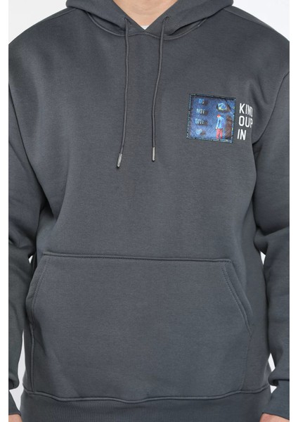 Baskılı Üç Iplik Şardonlu Erkek Kapüşonlu Sweatshirt