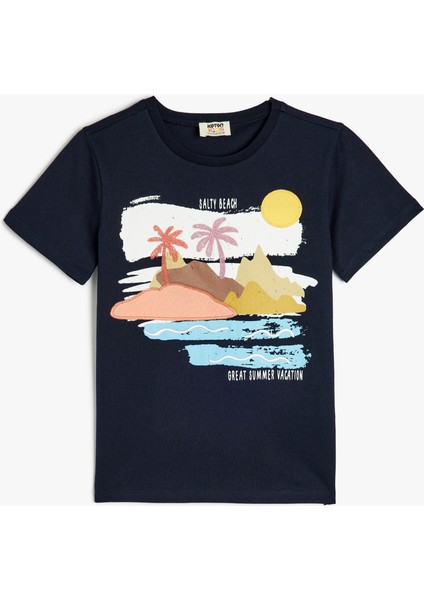Bisiklet Yaka Kısa Kollu Baskı Detaylı Pamuklu Tişört