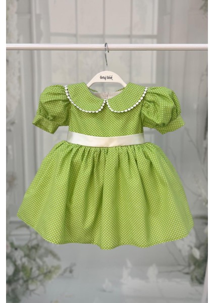 Bebe Yaka Dantelli Kız Çocuk Bebek Puantiyeli Pamuklu Yeşil Elbise