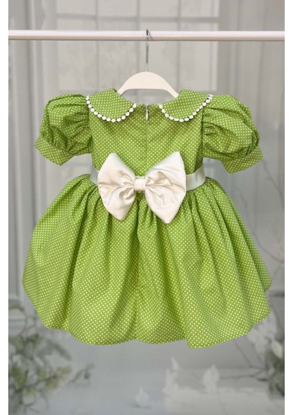 Bebe Yaka Dantelli Kız Çocuk Bebek Puantiyeli Pamuklu Yeşil Elbise fiyatları