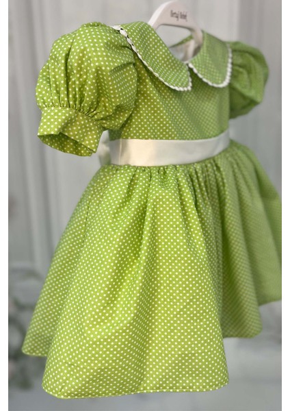 Bebe Yaka Dantelli Kız Çocuk Bebek Puantiyeli Pamuklu Yeşil Elbise modelleri