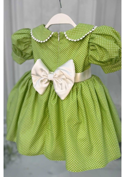 Bebe Yaka Dantelli Kız Çocuk Bebek Puantiyeli Pamuklu Yeşil Elbise fırsatları