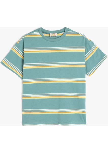 Pamuklu Çizgili Bisiklet Yaka Kısa Kollu Oversize Tişört