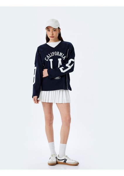 Kolej Baskılı V Yaka Uzun Kollu Oversize Sweatshirt