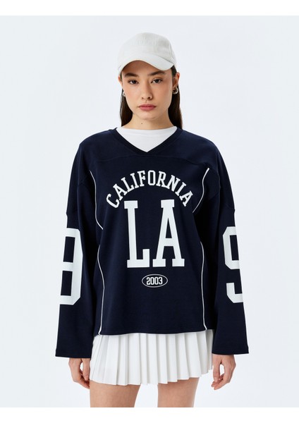 Kolej Baskılı V Yaka Uzun Kollu Oversize Sweatshirt