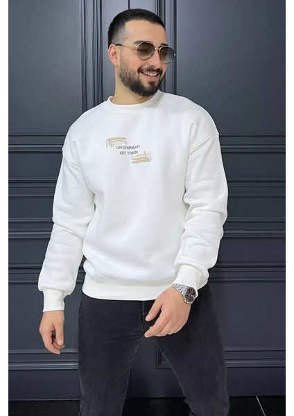 Baskılı Üç Iplik Şardonlu Bisiklet Yaka Erkek Sweatshirt