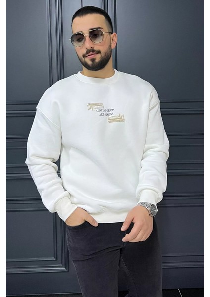 Baskılı Üç Iplik Şardonlu Bisiklet Yaka Erkek Sweatshirt