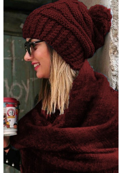 Kadın Örgü Model Ponponlu Triko Bordo Bere
