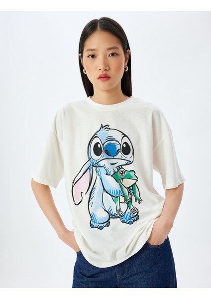 Disney Lisanslı Stitch Baskılı Kısa Kollu Oversze Tişört