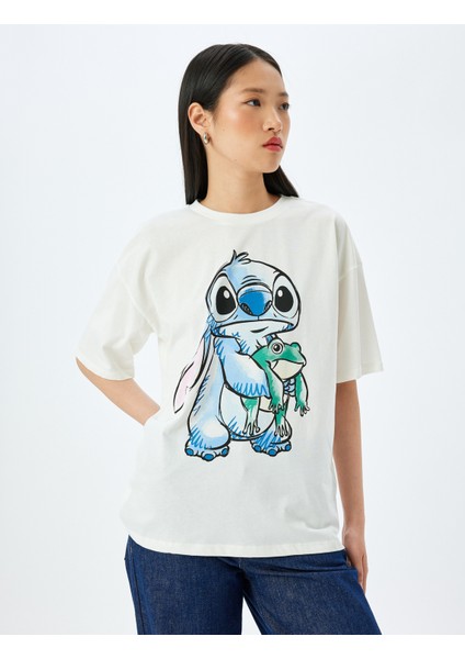 Disney Lisanslı Stitch Baskılı Kısa Kollu Oversze Tişört modelleri
