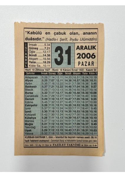 31 Aralık 2006 Takvim Yaprağı - Nostaljik Koleksiyonluk Takvim Yaprağı