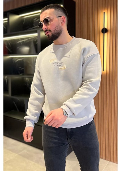 Baskılı Üç Iplik Şardonlu Bisiklet Yaka Erkek Sweatshirt