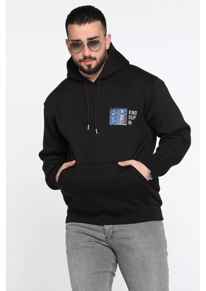 Baskılı Üç Iplik Şardonlu Erkek Kapüşonlu Sweatshirt