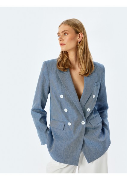 Uzun Kollu Cep Detaylı Kruvaze Blazer Ceket