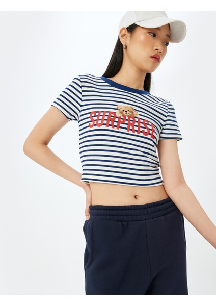 Kısa Kollu Slim Fit Bisiklet Yaka Baskılı Crop Tişört