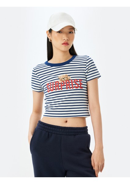 Kısa Kollu Slim Fit Bisiklet Yaka Baskılı Crop Tişört