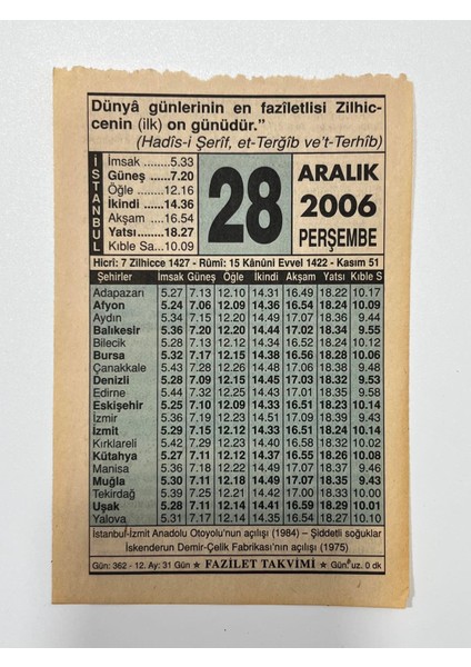 28 Aralık 2006 Takvim Yaprağı - Nostaljik Koleksiyonluk Takvim Yaprağı