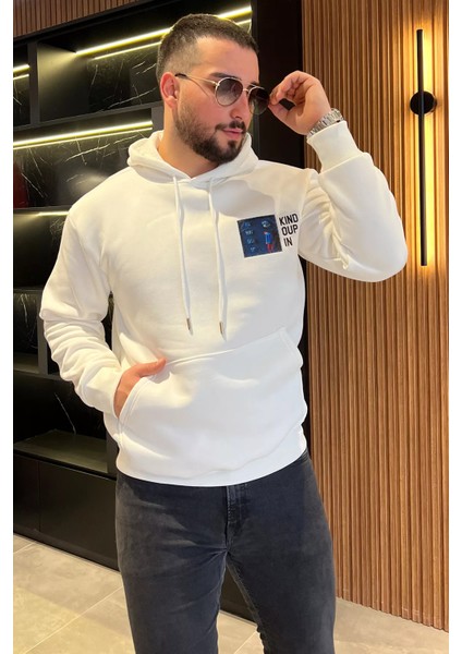 Baskılı Üç Iplik Şardonlu Erkek Kapüşonlu Sweatshirt