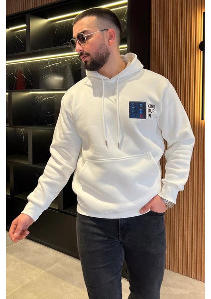 Baskılı Üç Iplik Şardonlu Erkek Kapüşonlu Sweatshirt