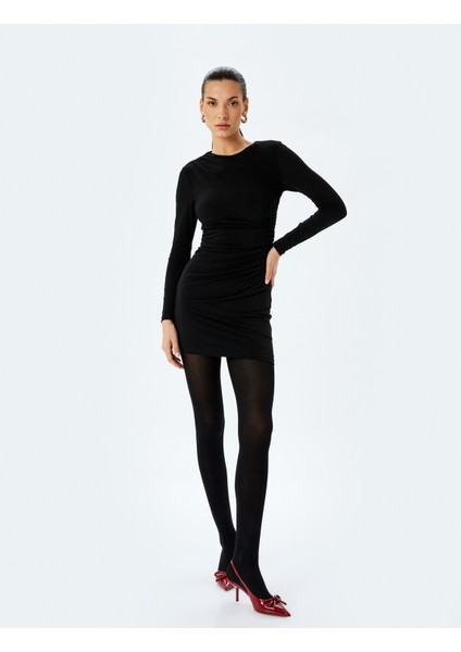 Drape Detaylı Uzun Kollu Mini Kalem Elbise