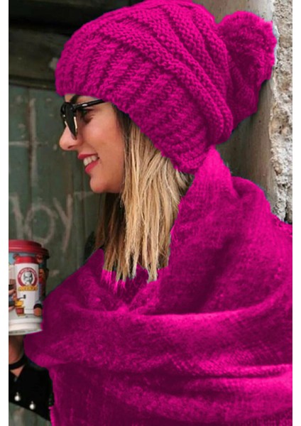 Kadın Örgü Model Ponponlu Triko Pembe Bere
