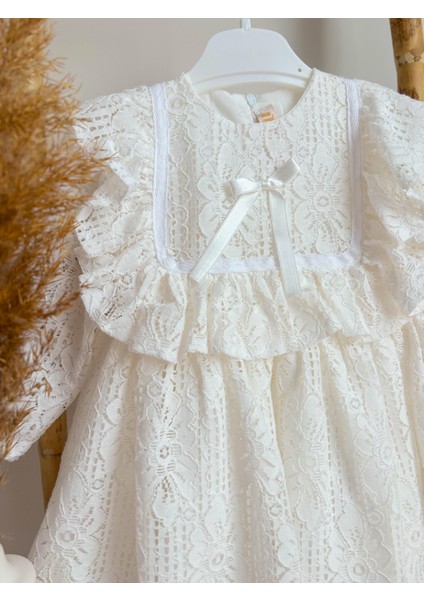 ALYRA Kız Çocuk Beyaz Elbise Bebek Uzun Kollu Dantelli Fiyonklu Fırfırlı Parti Düğün Doğum Günü Astarlı Bayramlık Elbise Çocuk Giyim ALY0290
