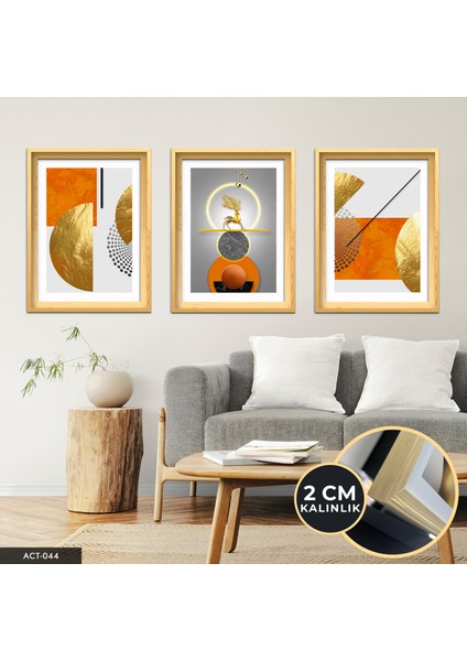 Gold, Geyik, Geometri, Soyut, Neon 3 Parça Ahşap Çerçeveli Tablo Act