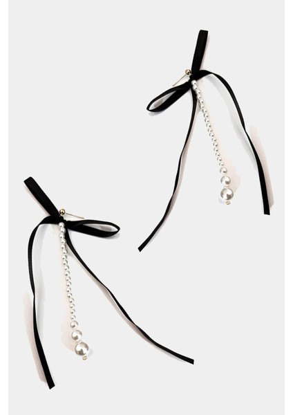 Inci Sallantılı Siyah Fiyonk Küpe