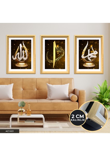 Allah, Muhammed, Elif Vav, Gold, 3 Parça Ahşap Çerçeveli Tablo Act