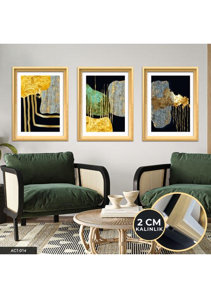 Soyut Gold Desenler 3 Parça Ahşap Çerçeveli Tablo Act