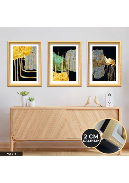 Soyut Gold Desenler 3 Parça Ahşap Çerçeveli Tablo Act