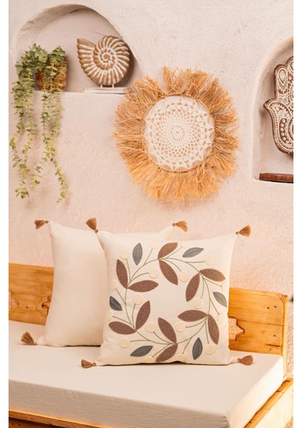 Punch Nakışlı Kırlent Papatya Kahve 43x43 2Adet