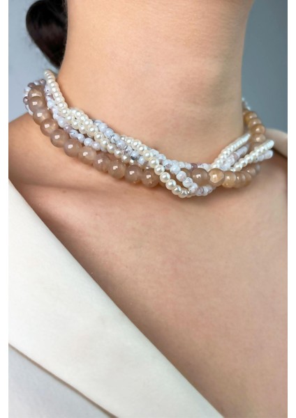 Kristal Boncuk ve Incili Sarmal Kolye - Beyaz modelleri