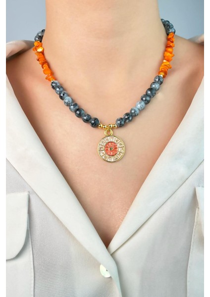 Burç Madalyon Uçlu Kırık Doğal Taşlı Boncuk Kolye - Turuncu