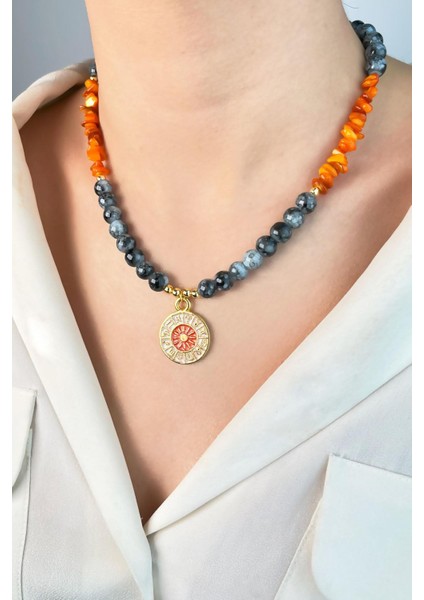 Burç Madalyon Uçlu Kırık Doğal Taşlı Boncuk Kolye - Turuncu fiyatları