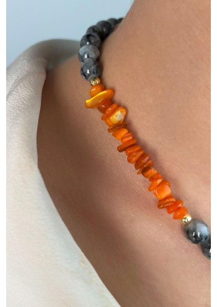 Burç Madalyon Uçlu Kırık Doğal Taşlı Boncuk Kolye - Turuncu modelleri