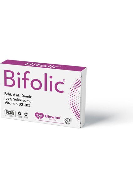 Bifolic 30'lu Folik Asit, Demir, Selenyum, Iyot, Vitamin D3 ve Vitamin B12 Içeren Takviye edici gıda