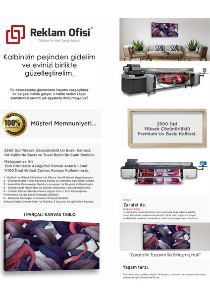 Flamingo Temalı, Yaprak Desenli Dekoratif Premium Kanvas Tablo