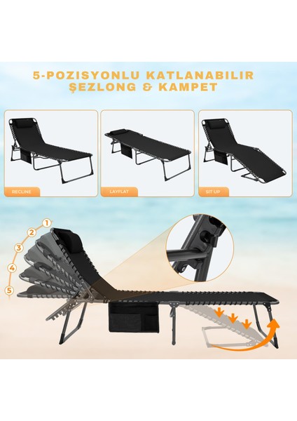 Hamburg Cool Plus 5 Kademeli Katlanır Şilteli Şezlong Black & Grey fırsatları