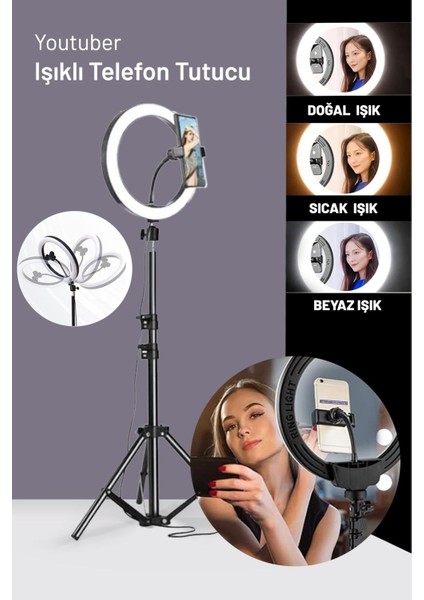 10"inç Ring Light Youtuber Tiktok Çekim Işıklı Telefon Tutucu Influencer Makyaj Işığı 2.10 M Tripod