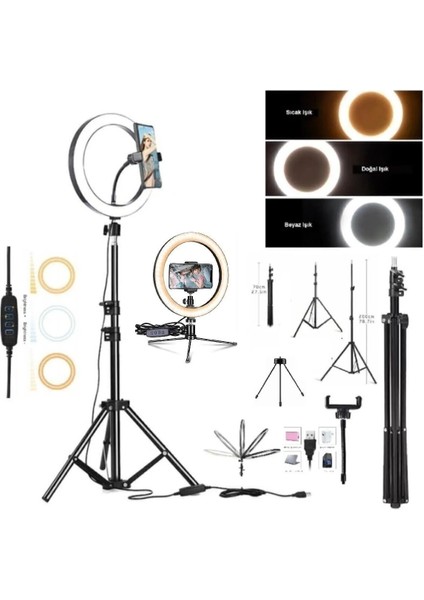 10 Inç +Ring Light Youtuber Tiktok Çekim Telefon Tutucu Makyaj Işığı 2.1 mt Tripod+ Masa Ayaklı