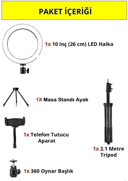 10 Inç +Ring Light Youtuber Tiktok Çekim Telefon Tutucu Makyaj Işığı 2.1 mt Tripod+ Masa Ayaklı