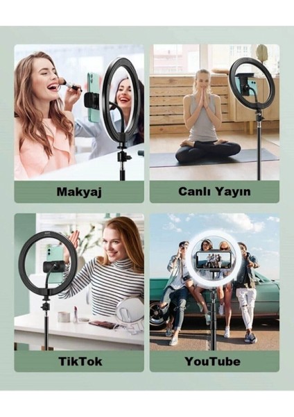 10 Inç +Ring Light Youtuber Tiktok Çekim Telefon Tutucu Makyaj Işığı 2.1 mt Tripod+ Masa Ayaklı