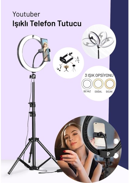 10"inç Ring Light 120 Ledli 24W LED Işıklı Halka + Yaylı Telefon Tutacağı Youtuber Tiktok 2.10
